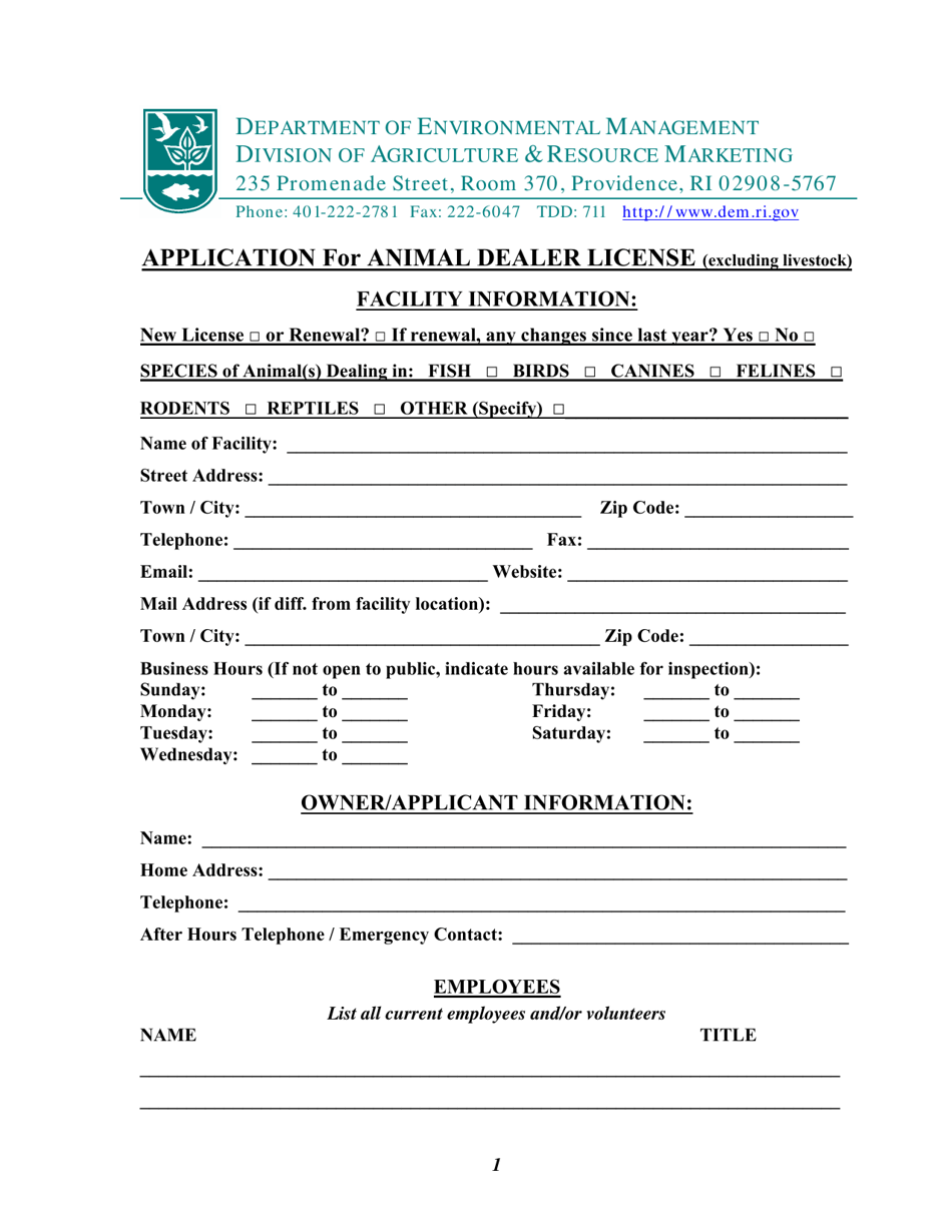 Application for Animal Dealer License - Rhode Island, Page 1