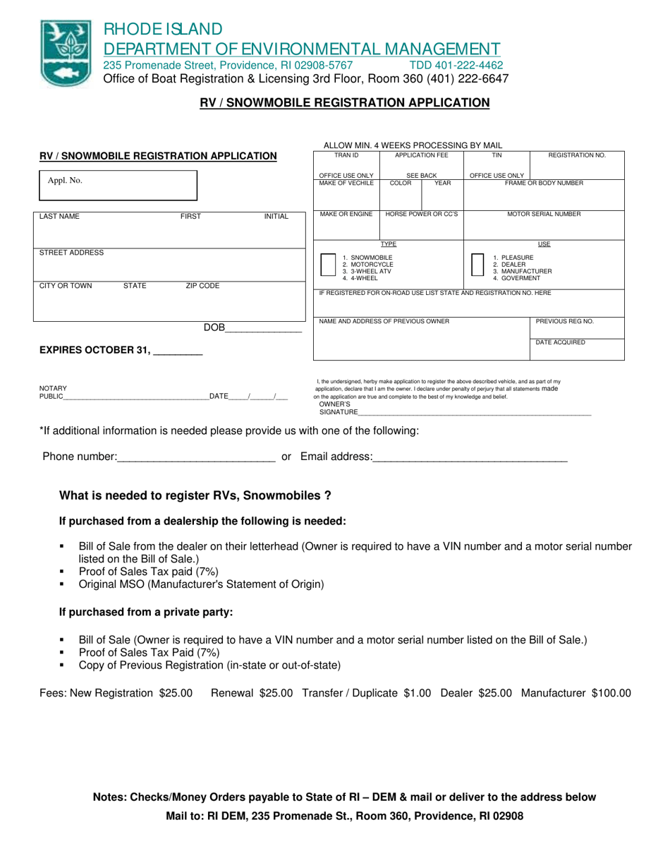 Rv / Snowmobile Registration Application Form - Rhode Island, Page 1