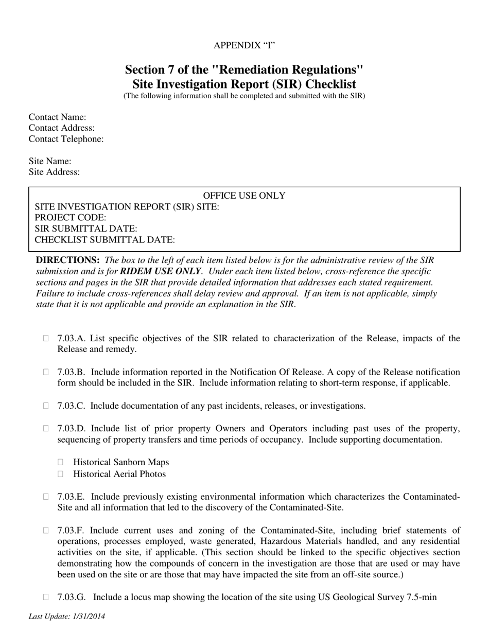 Site Investigation Report (Sir) Checklist - Rhode Island, Page 1