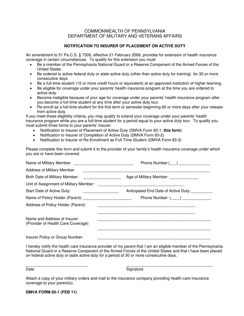 DMVA Form 83-1 Notification to Insurer of Placement on Active Duty - Pennsylvania, Page 1