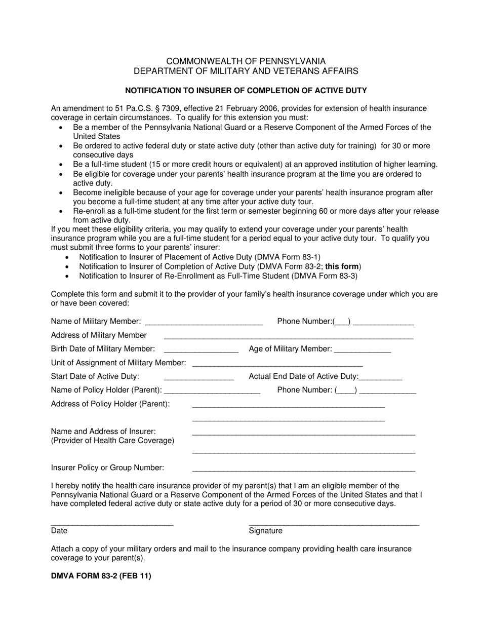 DMVA Form 83-2 Notification to Insurer of Completion of Active Duty - Pennsylvania, Page 1