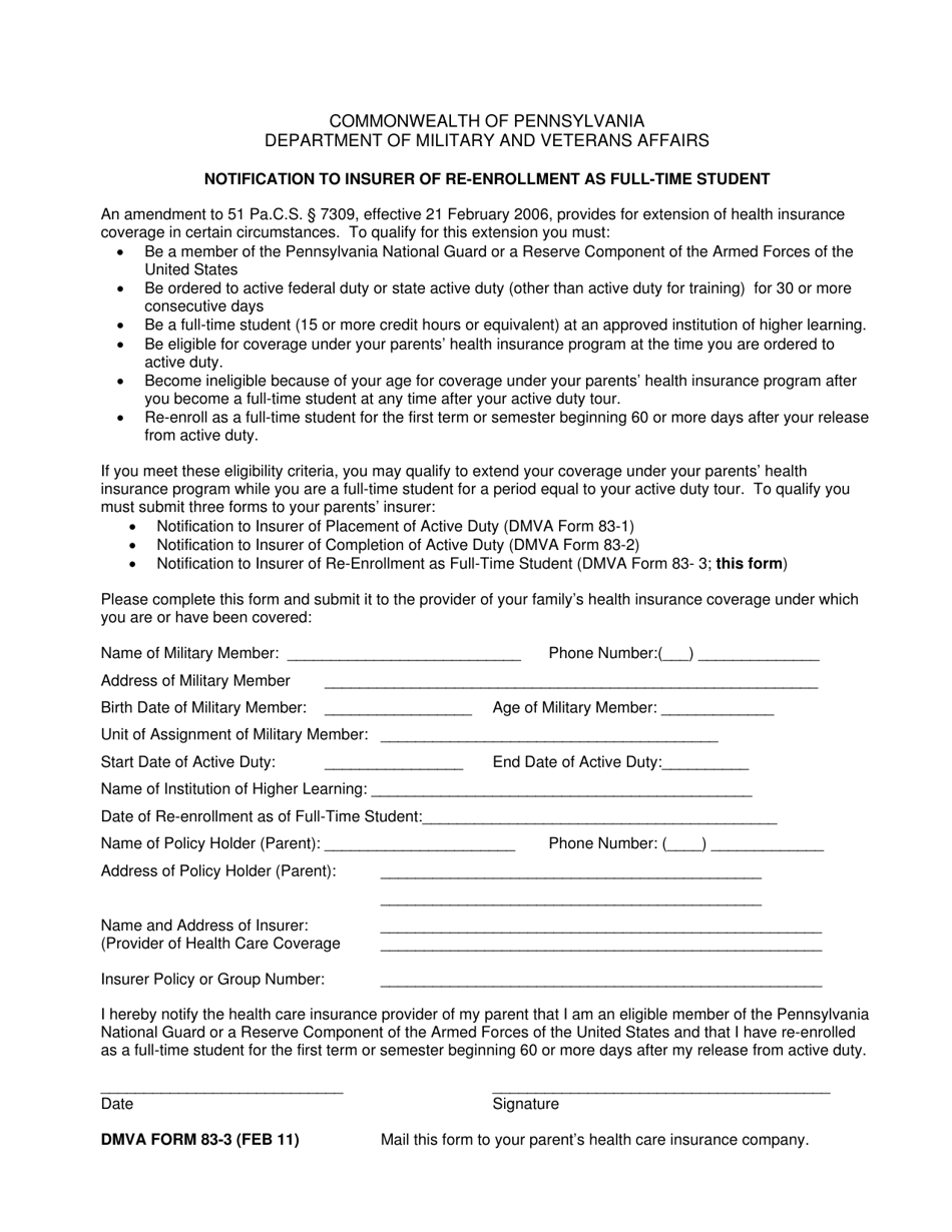 DMVA Form 83-3 Notification to Insurer of Re-enrollment as Full-Time Student - Pennsylvania, Page 1