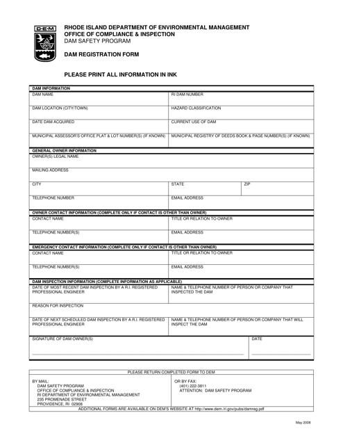 Dam Registration Form - Rhode Island Download Pdf