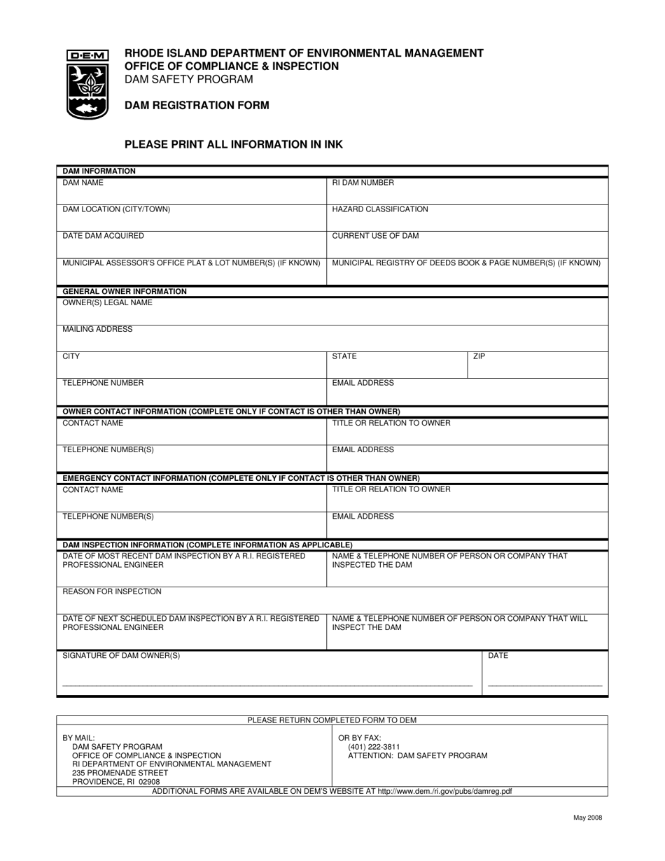 Dam Registration Form - Rhode Island, Page 1