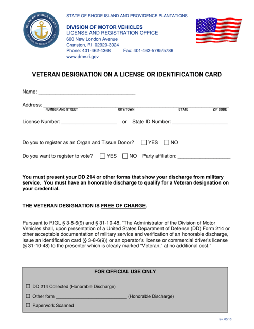 Veteran Designation on a License or Identification Card - Rhode Island Download Pdf