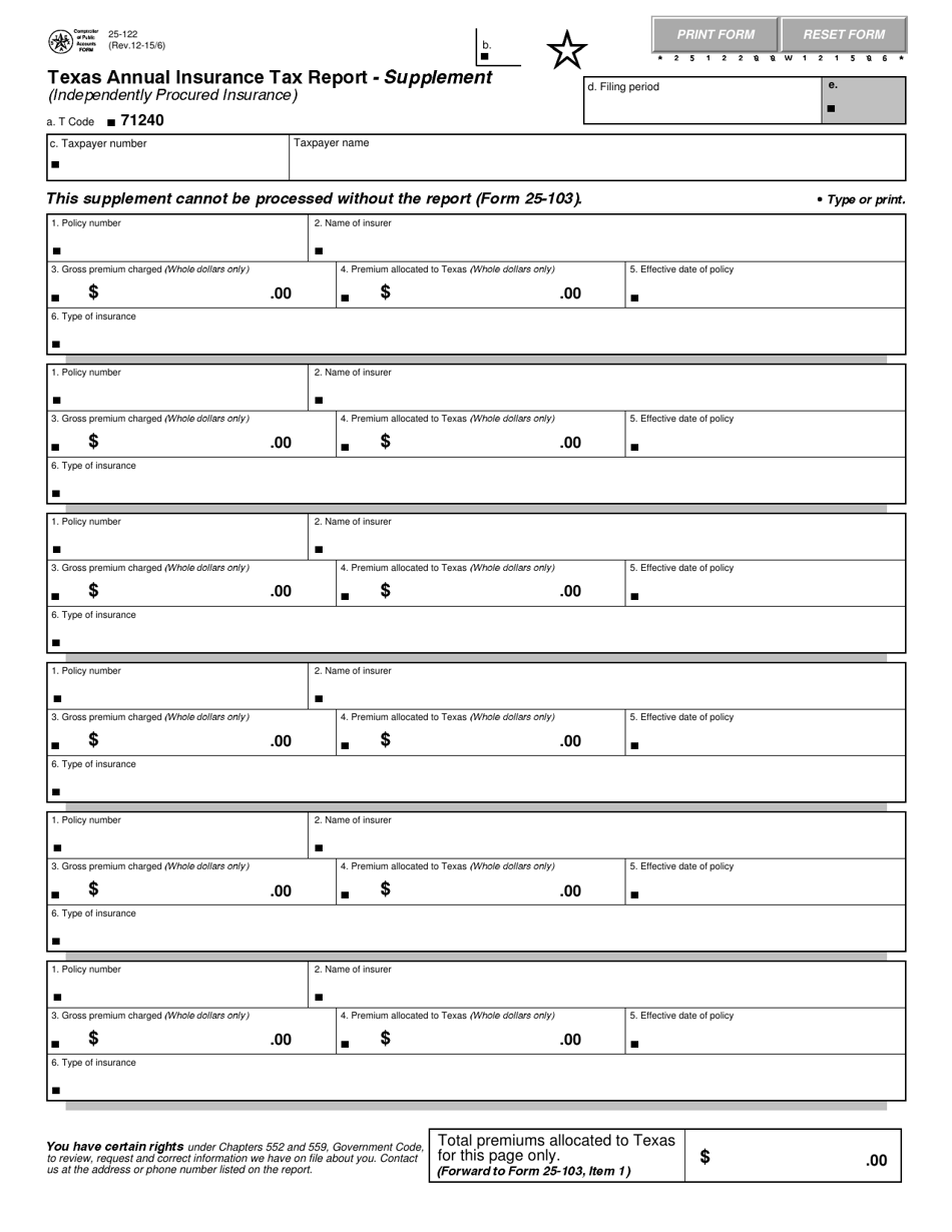 Form 25-122 Texas Annual Insurance Tax Report - Supplement - Texas, Page 1