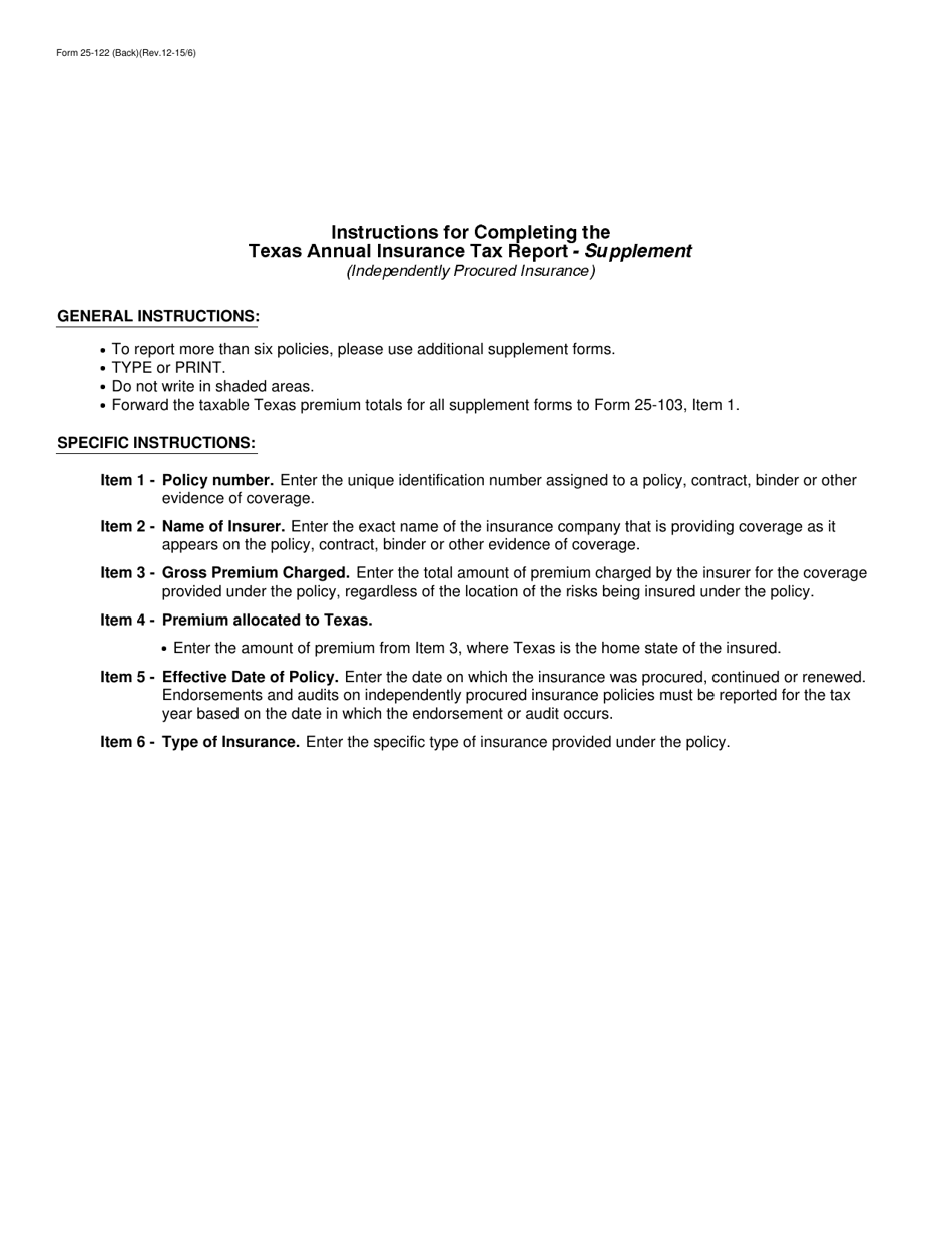 Form 25-122 Texas Annual Insurance Tax Report - Supplement - Texas, Page 2