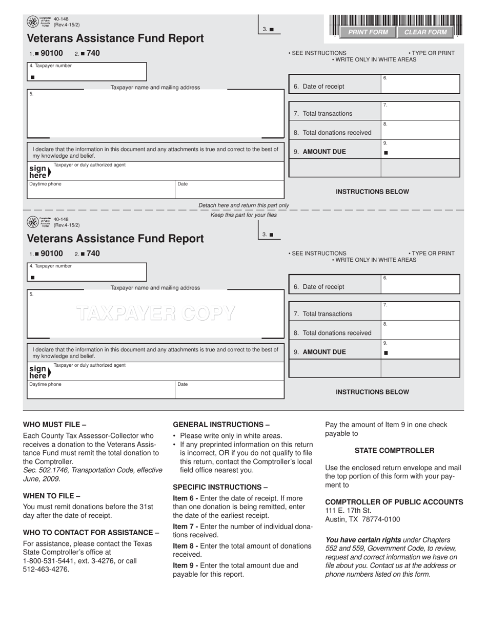 Form 40-148 Veterans Assistance Fund Report - Texas, Page 1