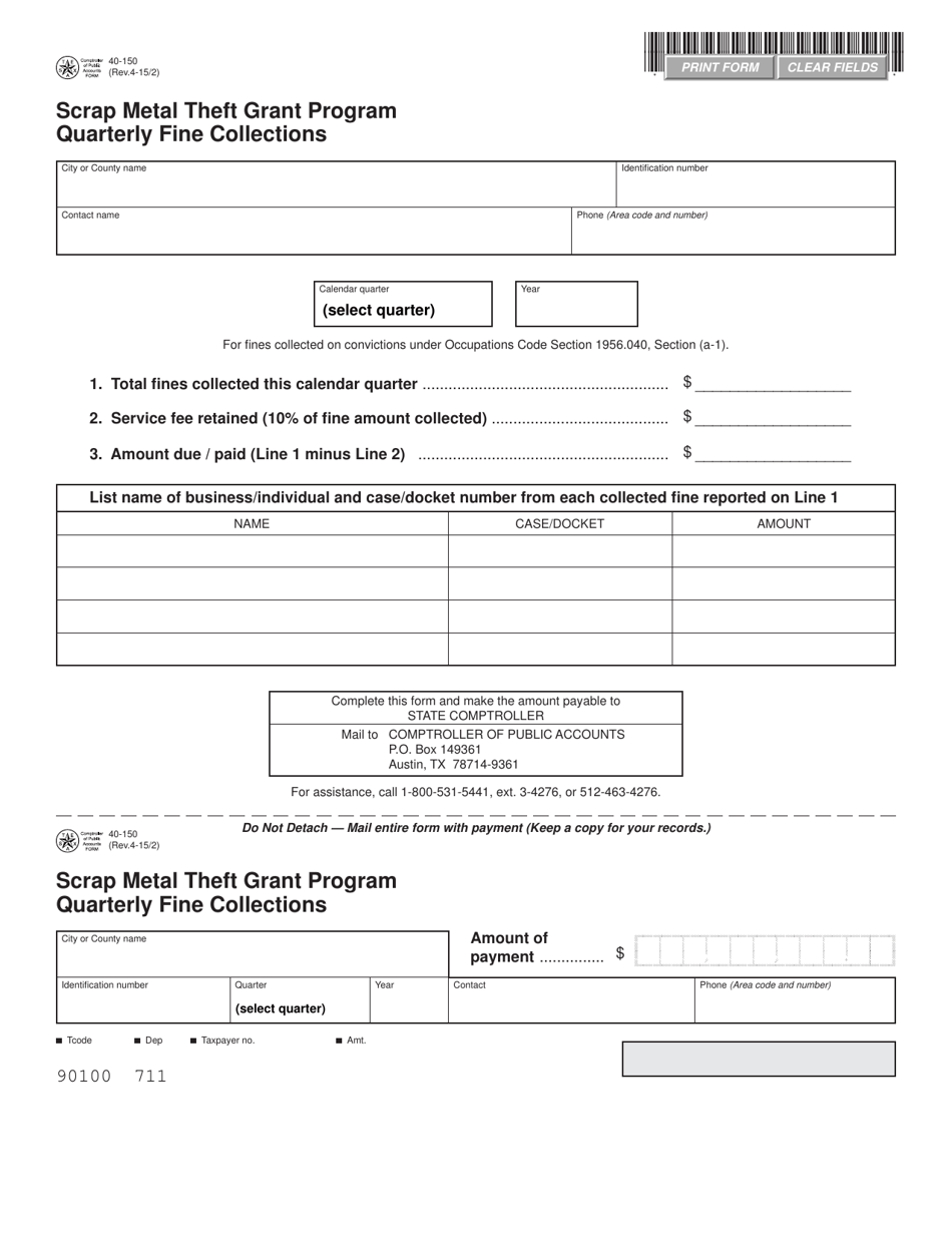 Form 40-150 Scrap Metal Theft Grant Program Quarterly Fine Collections - Texas, Page 1