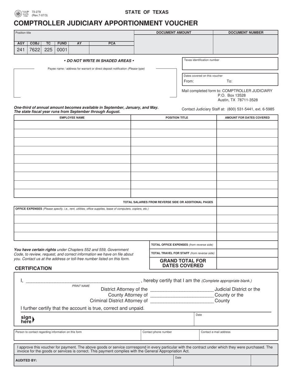 Form 73-279 Download Fillable PDF or Fill Online Comptroller Judiciary ...