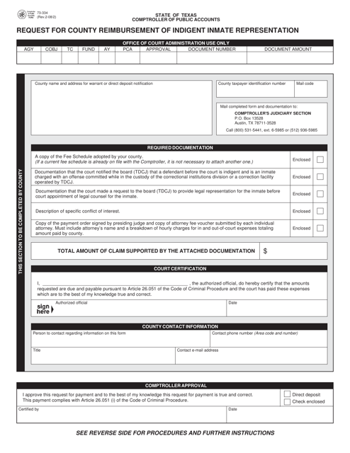 Form 73-334 Request for County Reimbursement of Indigent Inmate Representation - Texas