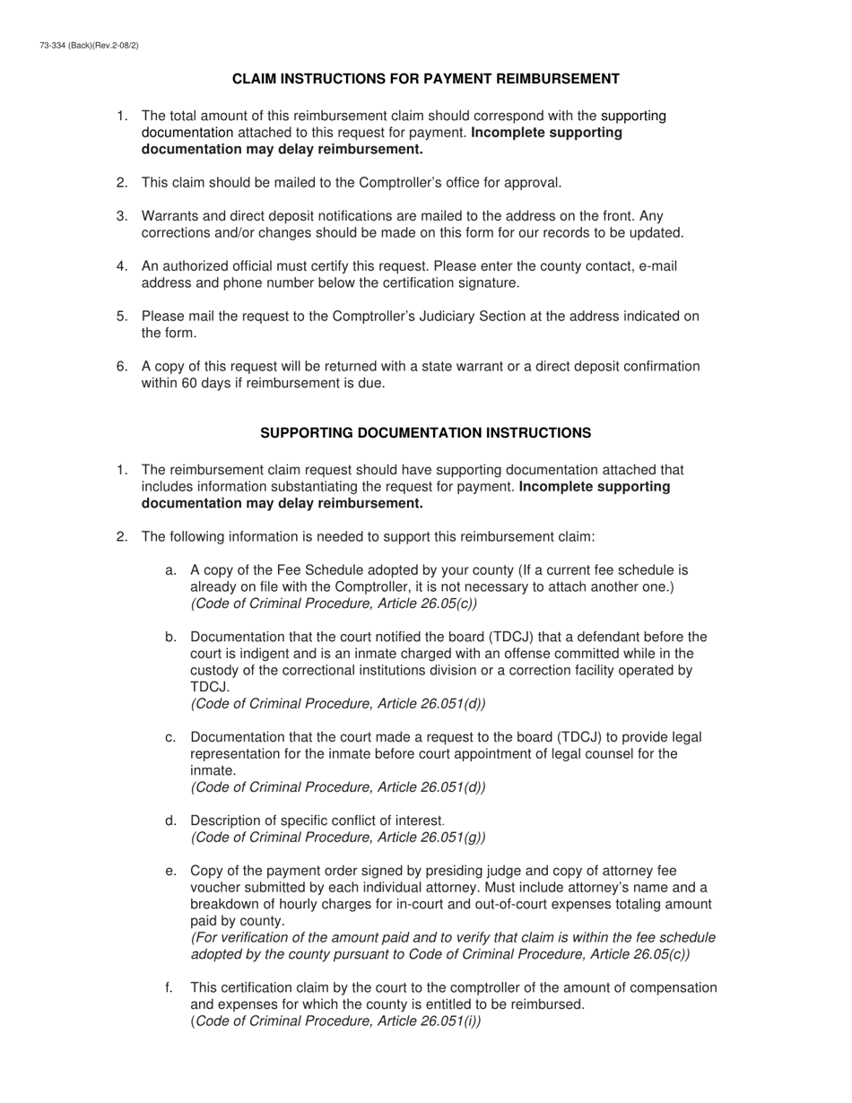 Form 73-334 Request for County Reimbursement of Indigent Inmate Representation - Texas, Page 2