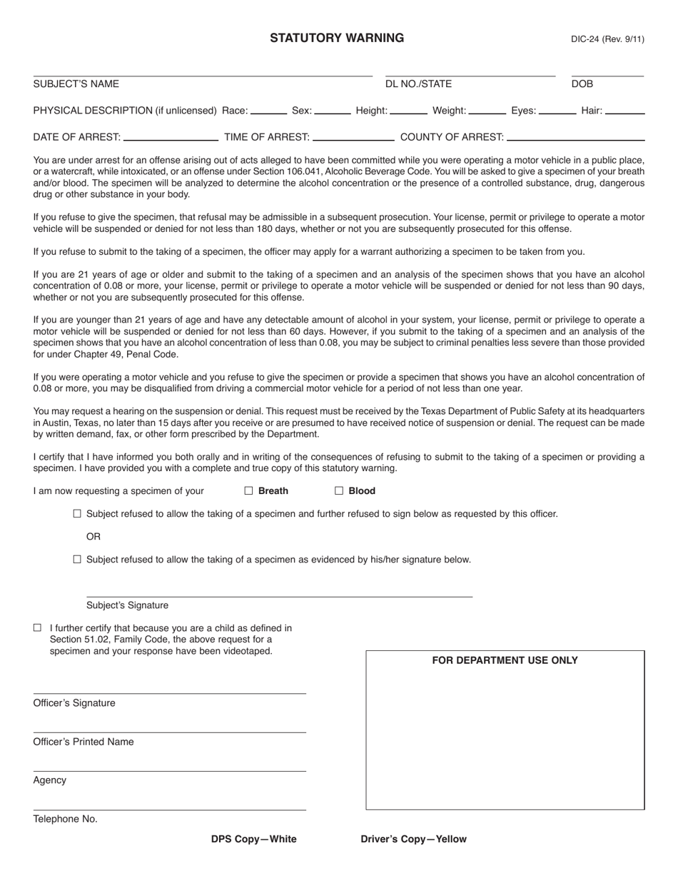 Form DIC-24 Peace Officer Dwi Statutory Warning - Texas, Page 1