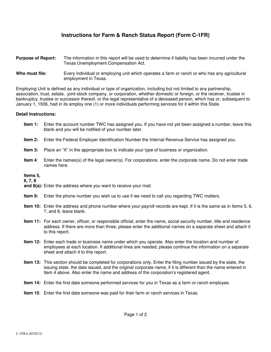 Instructions for Form C-1FR Farm  Ranch Employment Registration - Texas, Page 1