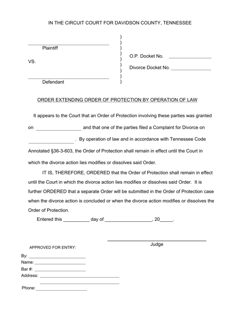 Order Extending Order of Protection by Operation of Law - Davidson County, Tennessee Download Pdf