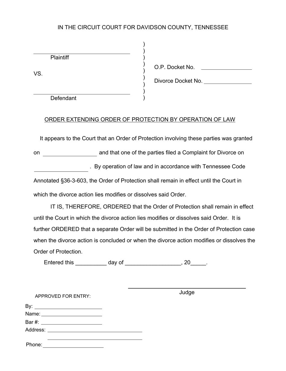 Order Extending Order of Protection by Operation of Law - Davidson County, Tennessee, Page 1
