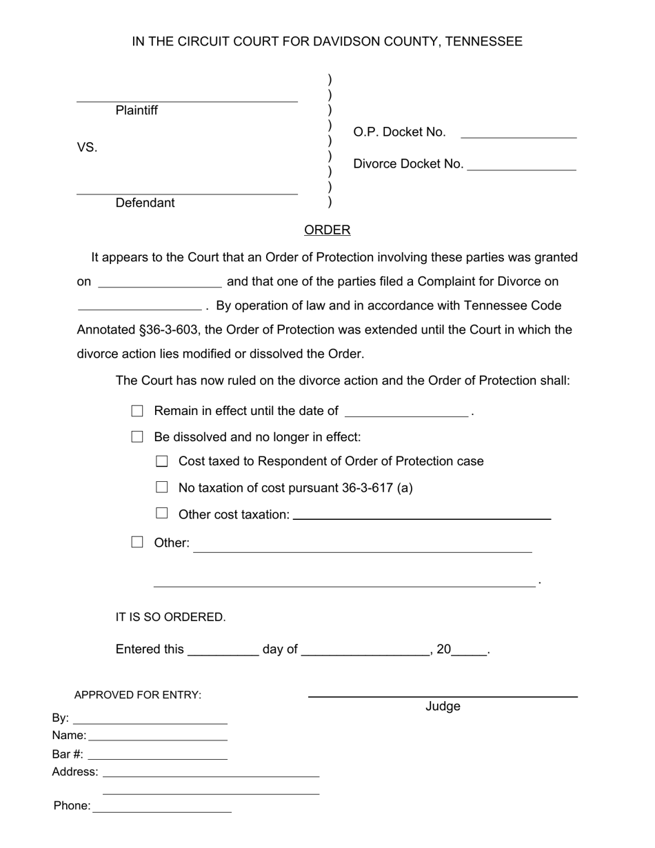 Order Dissolving or Modifying Order of Protection After Divorce Entered - Davidson County, Tennessee, Page 1
