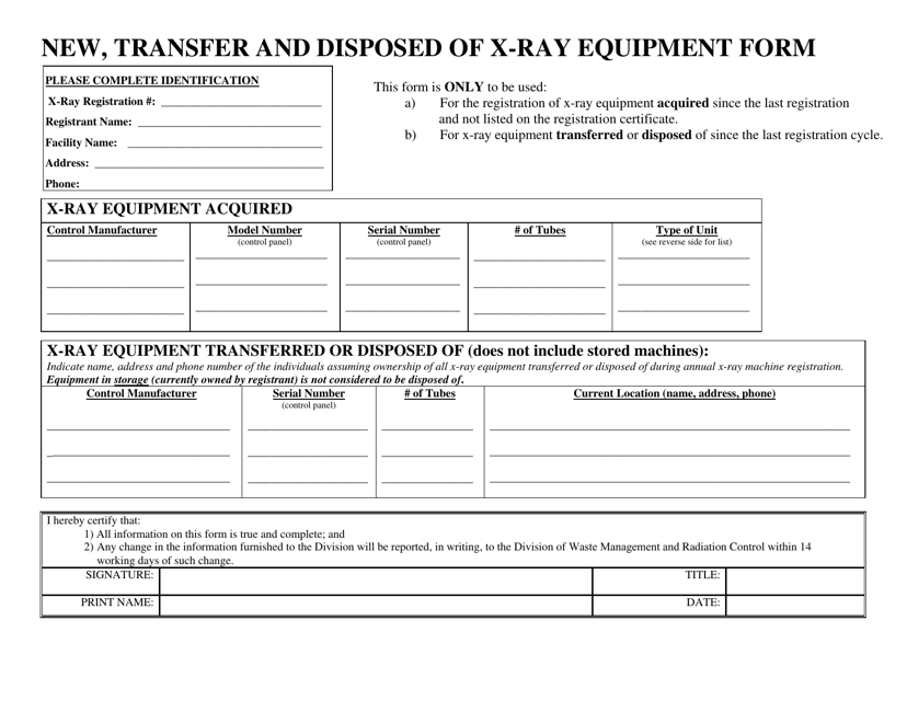 New, Transfer and Disposed of X-Ray Equipment Form - Utah Download Pdf