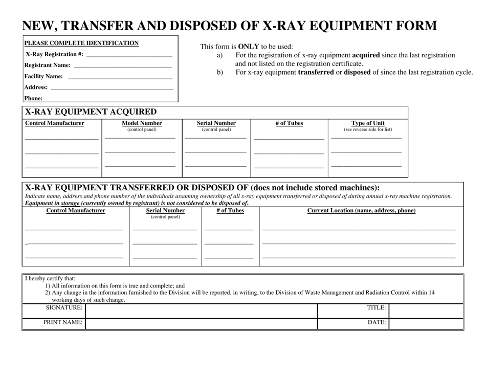 New, Transfer and Disposed of X-Ray Equipment Form - Utah, Page 1
