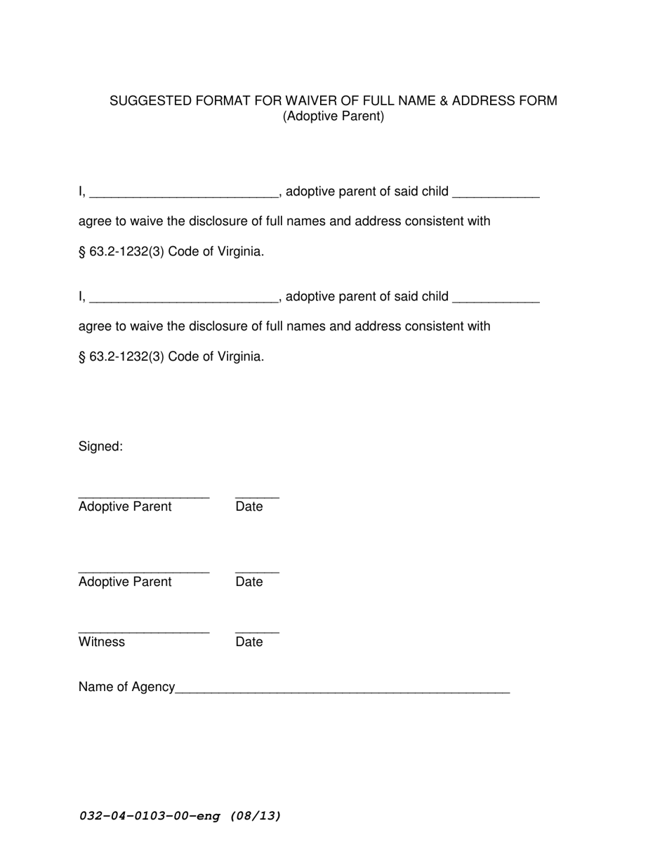 Form 032-04-0103-00-ENG Waiver of Full Name  Address in a Parental Placement Adoption - Suggested Format - Virginia, Page 3
