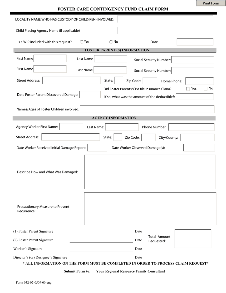 Form 032-02-0509-00-ENG Foster Care Contingency Fund Claim Form - Virginia, Page 1