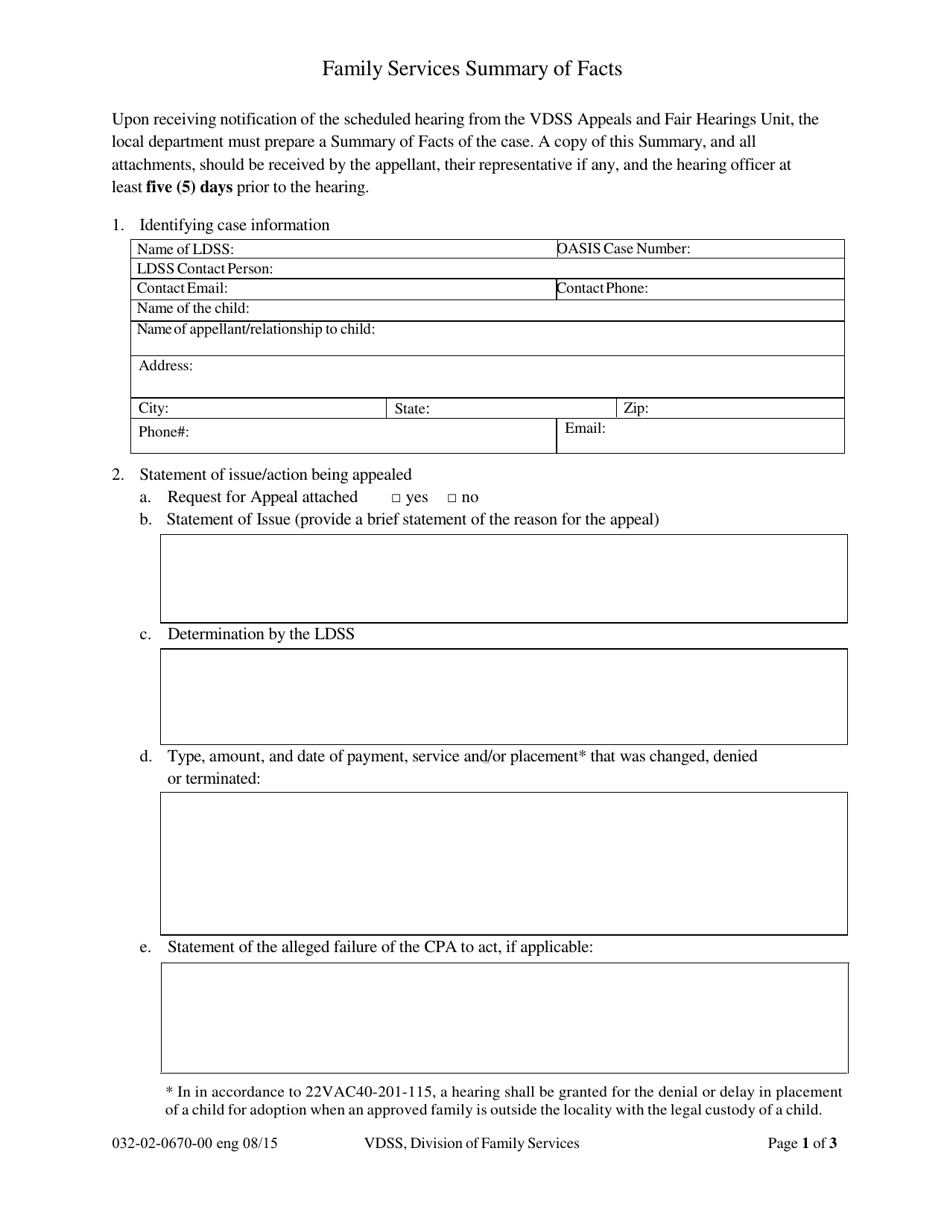 Form 032-02-0670-00-ENG Family Services Summary of Facts - Virginia, Page 1