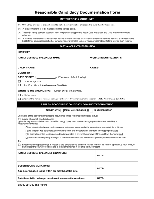 Form 032-02-0510-02-ENG Reasonable Candidacy Documentation Form - Virginia