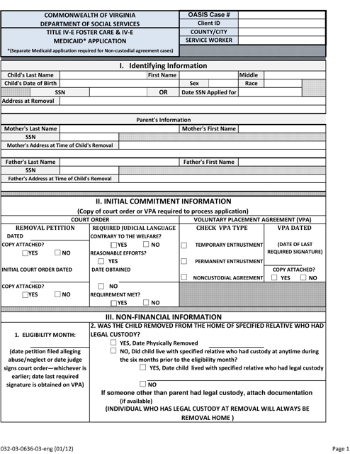 Form 032-03-0636-03-ENG Title IV-E Foster Care &amp; IV-E Medicaid Application - Virginia