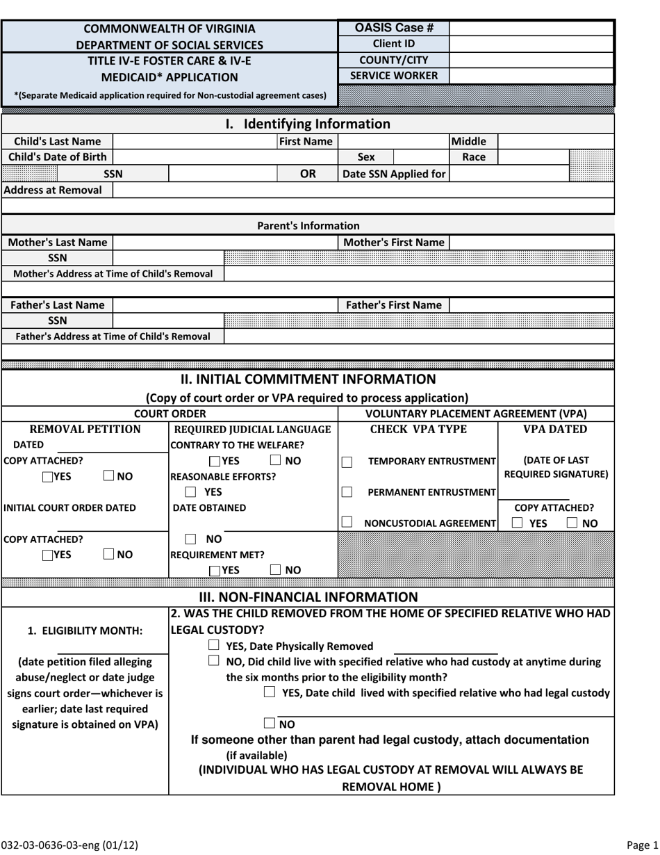 Form 032-03-0636-03-ENG Title IV-E Foster Care  IV-E Medicaid Application - Virginia, Page 1
