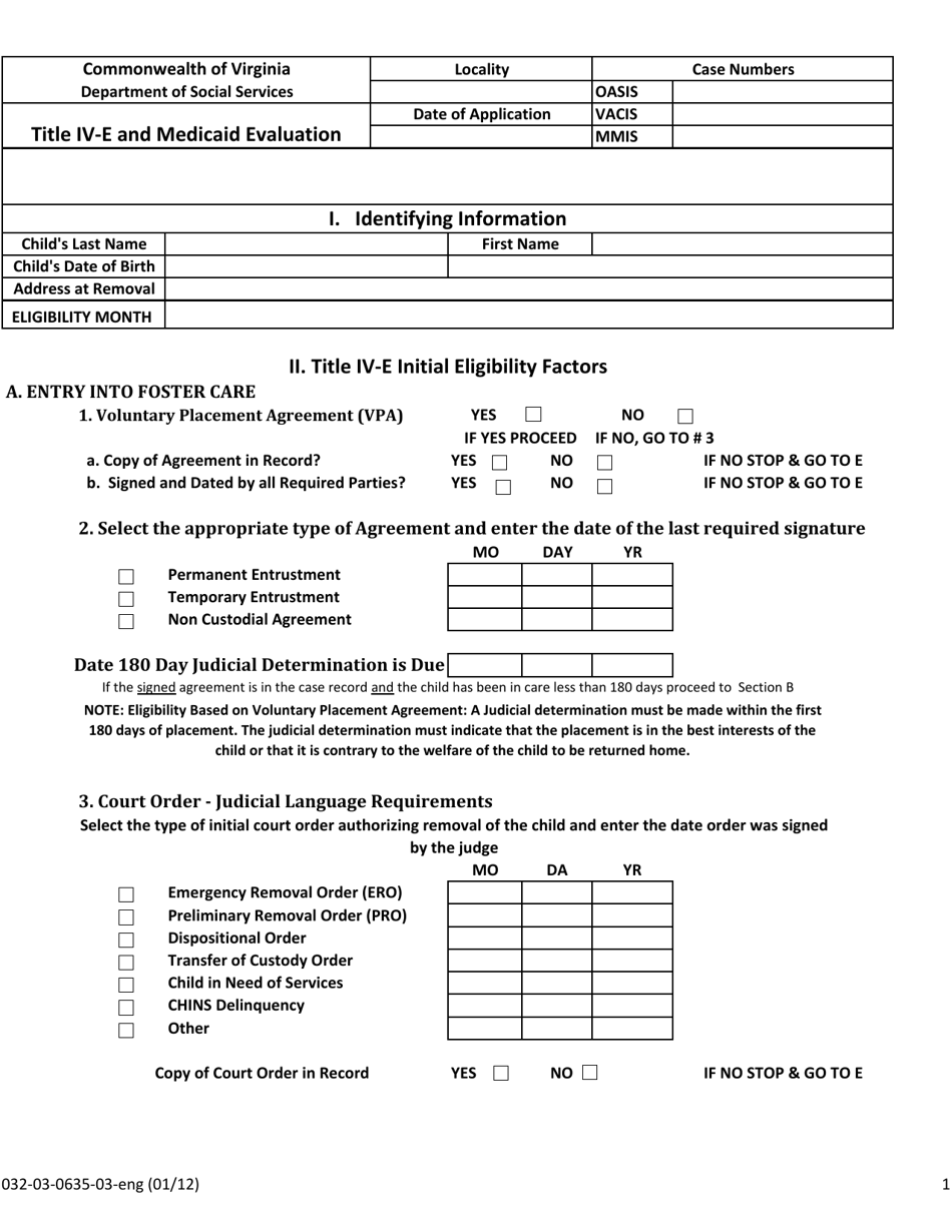 Form 032-03-0635-03-ENG Title IV-E and Medicaid Evaluation - Virginia, Page 1
