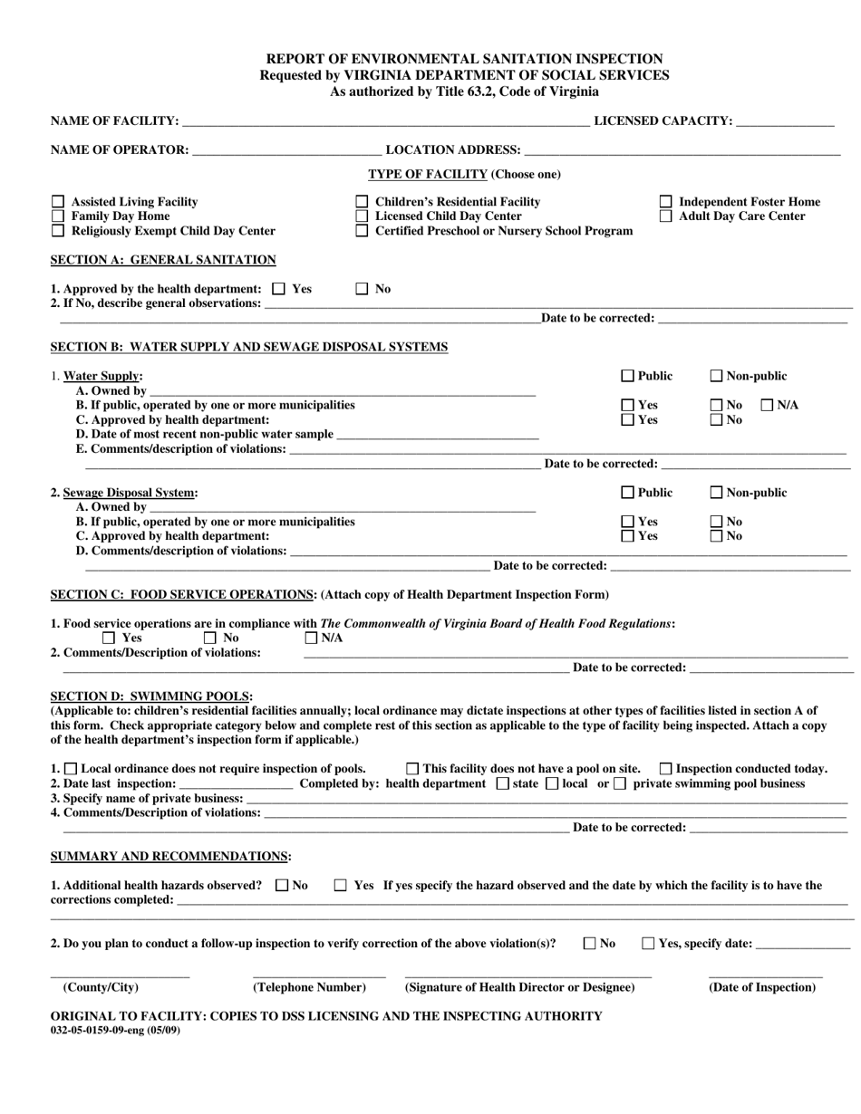 Form 032-05-0159-09-ENG Report of Environmental Health Inspection - Virginia, Page 1