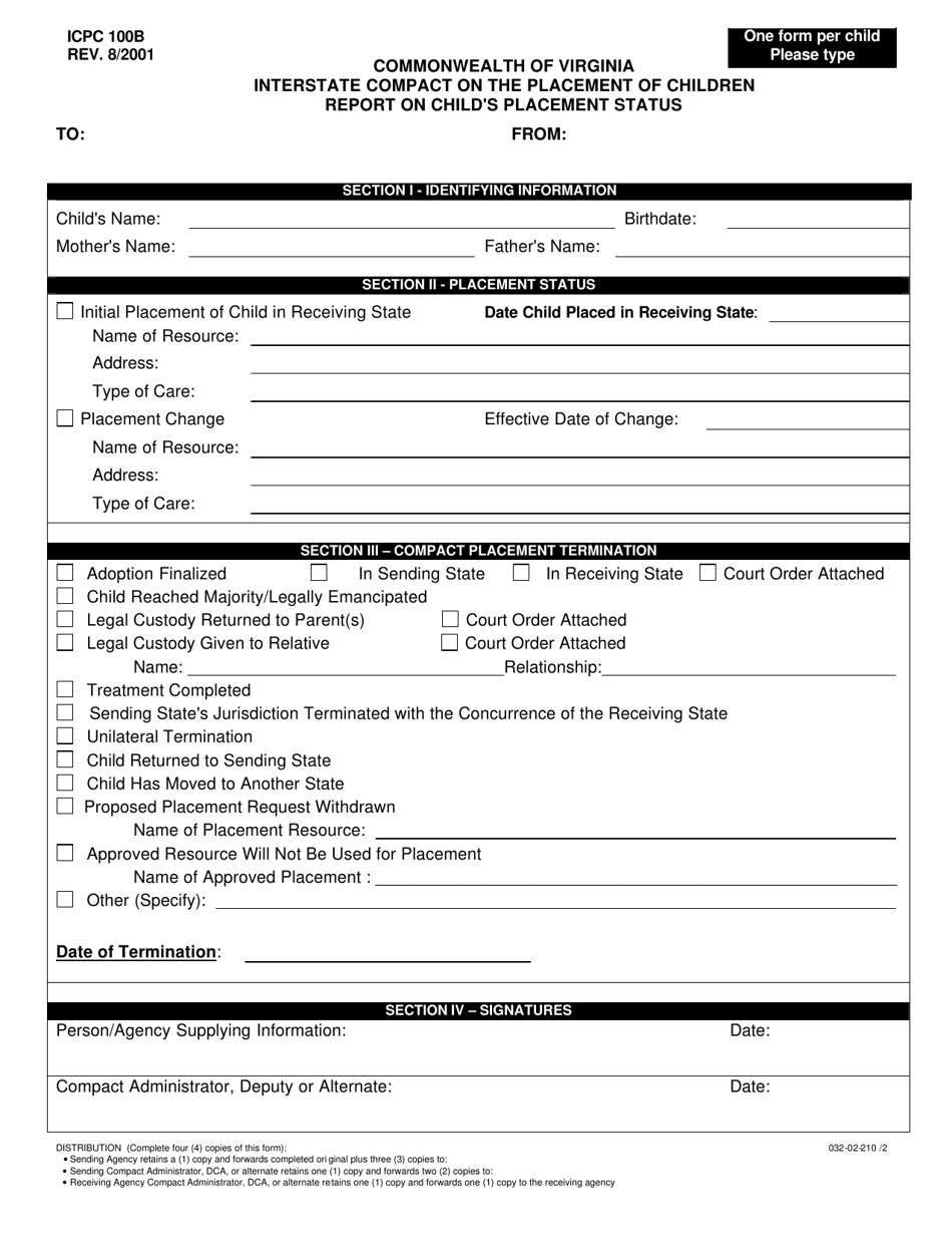 Form ICPC100B Interstate Compact on the Placement of Children Report on Childs Placement Status - Virginia, Page 4