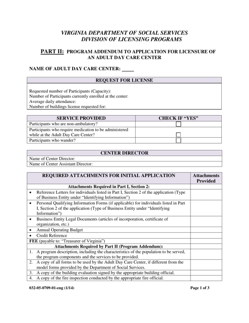 Form 032-05-0709-01-ENG Part II Program Addendum to Application for Licensure of an Adult Day Care Center - Virginia