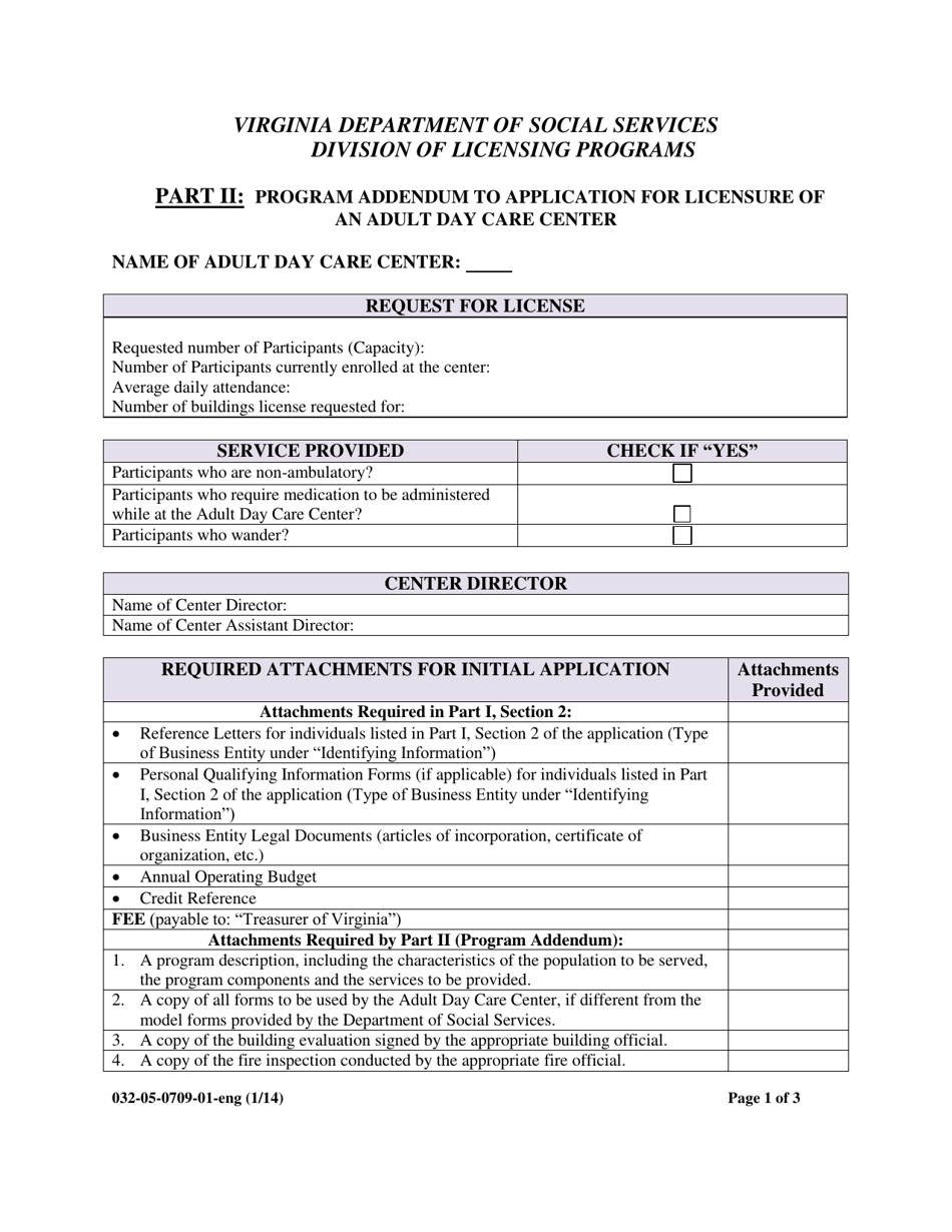 Form 032-05-0709-01-ENG Part II Program Addendum to Application for Licensure of an Adult Day Care Center - Virginia, Page 1