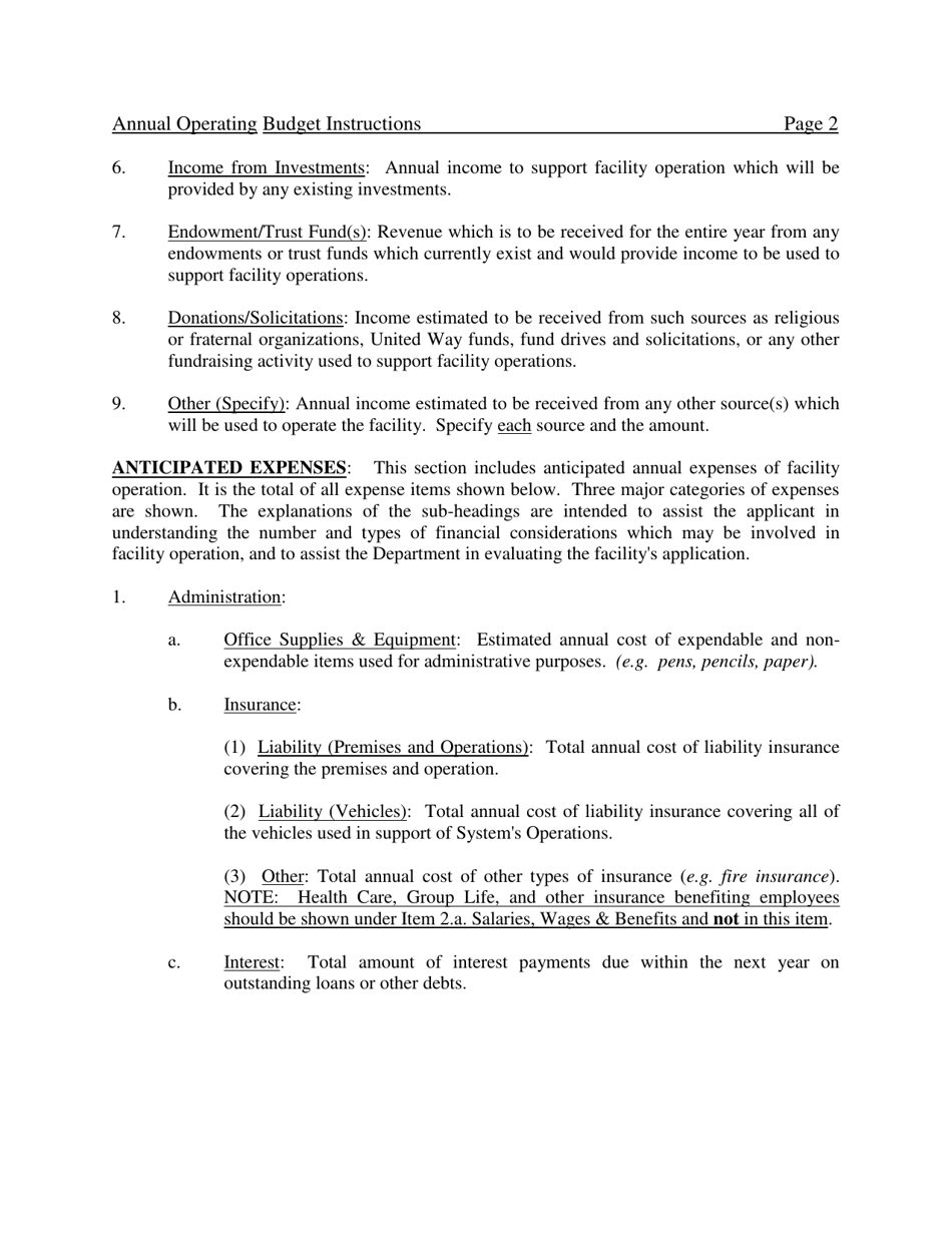 Form 032-05-0261-02-ENG Annual Operating Budget - Virginia, Page 2