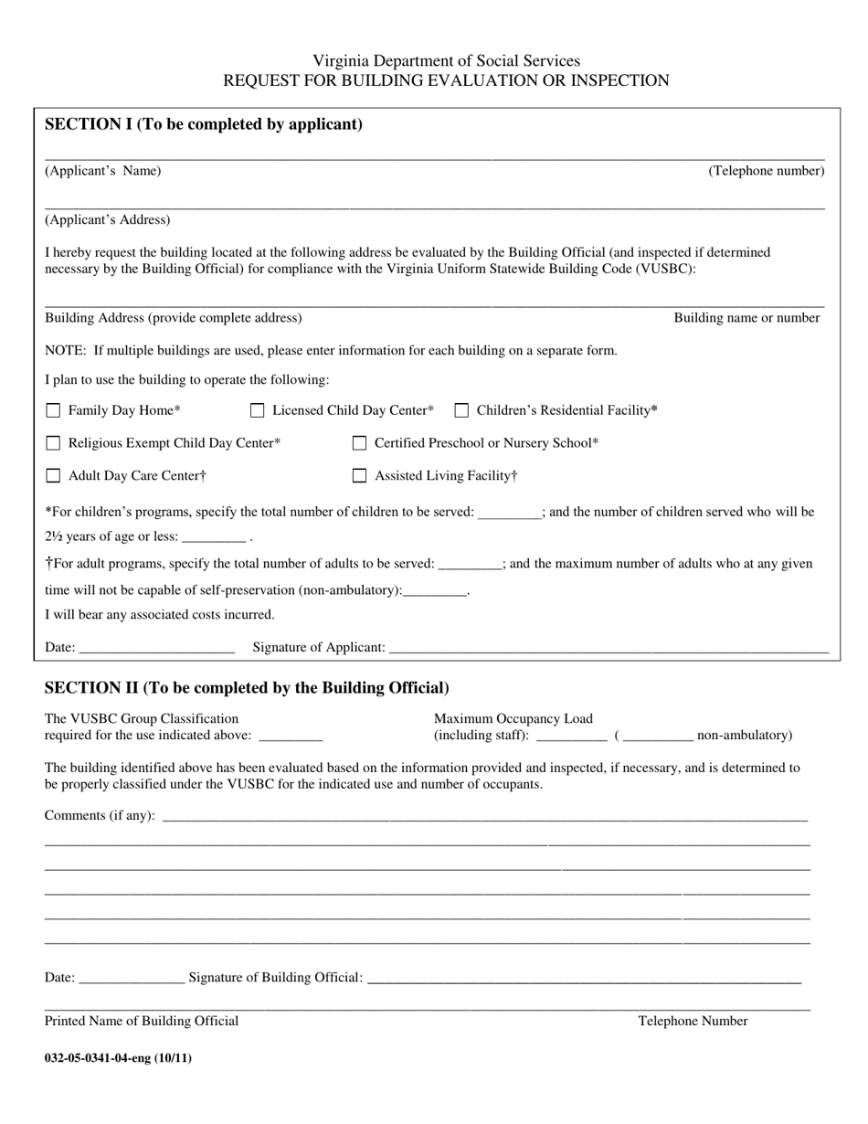 Form 032-05-0341-04-ENG Request for Building Evaluation or Inspection - Virginia, Page 1