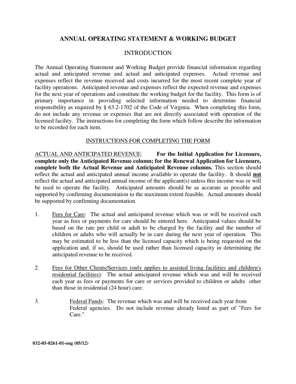 Form 032-05-0261-01-ENG Annual Operating Statement  Working Budget - Virginia, Page 1