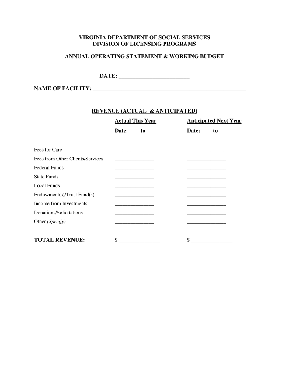Form 032-05-0261-01-ENG Annual Operating Statement  Working Budget - Virginia, Page 6