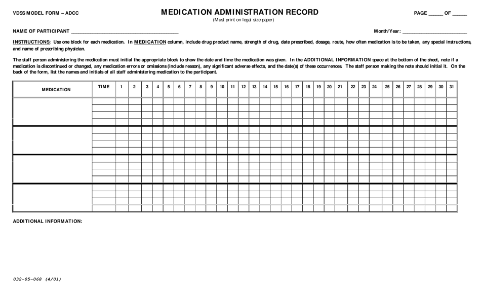Form 032-05-068 Medication Administration Record - Virginia, Page 1