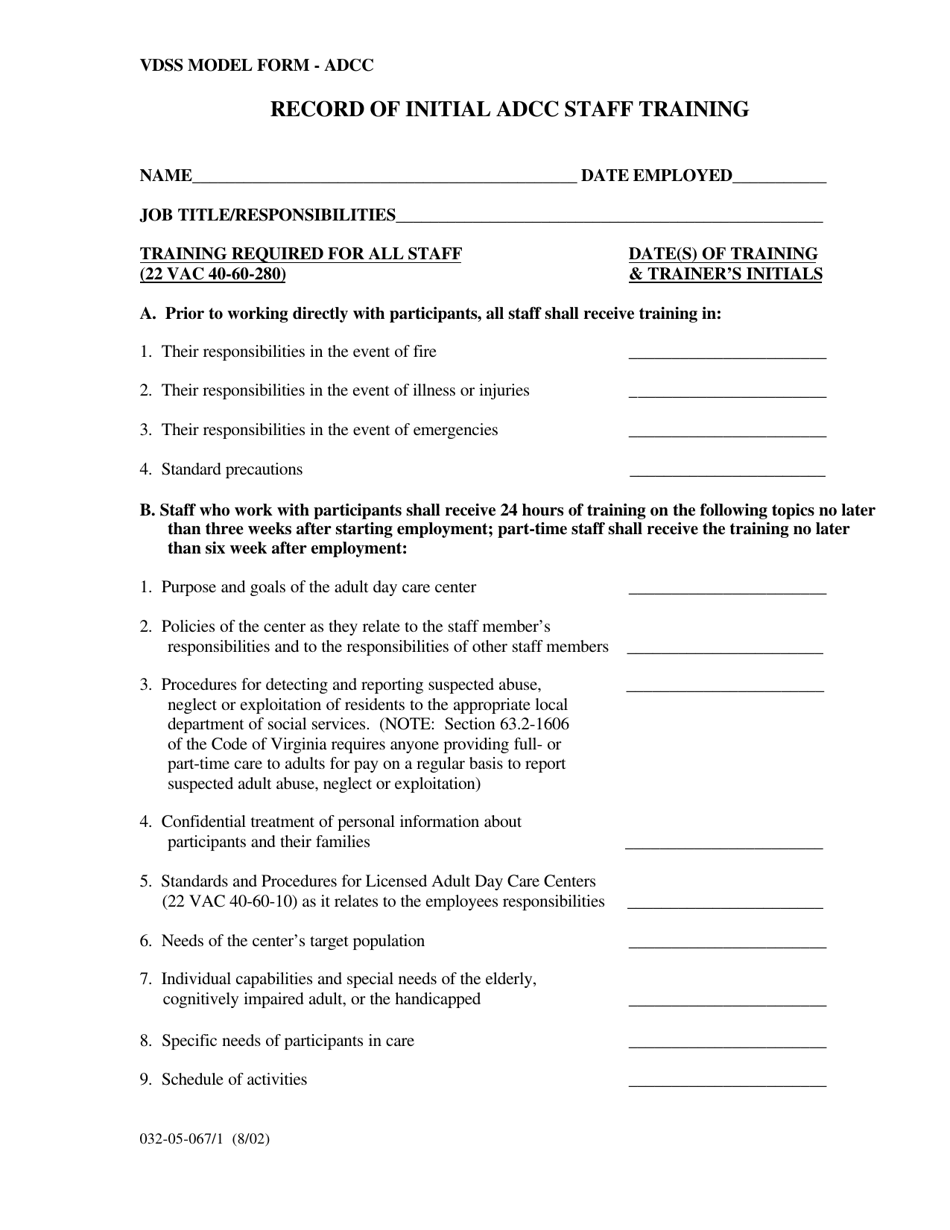 Form 032-05-067 / 1 Record of Initial Adcc Staff Training - Virginia, Page 1