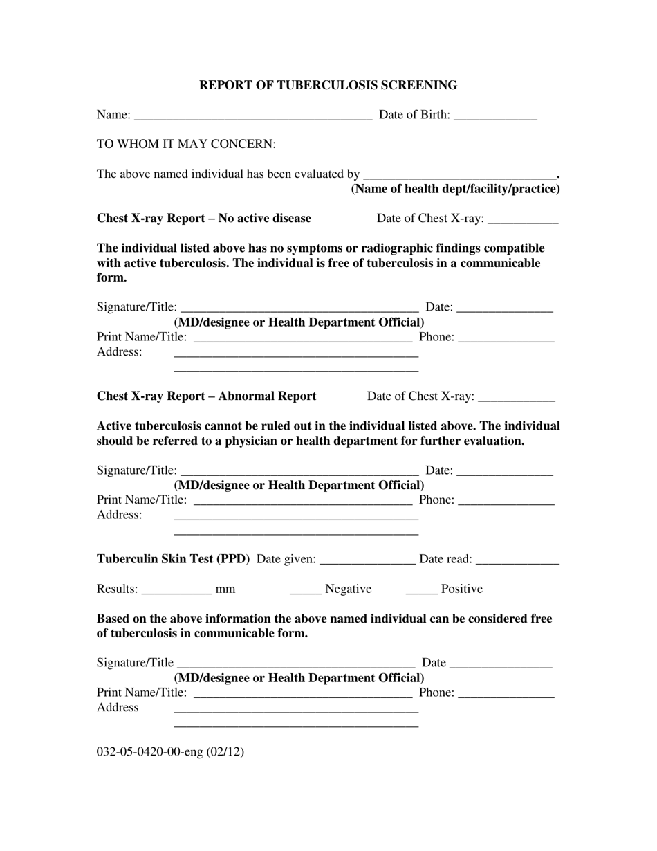 form 032 05 0420 00 eng download printable pdf or fill online report of tuberculosis screening virginia templateroller