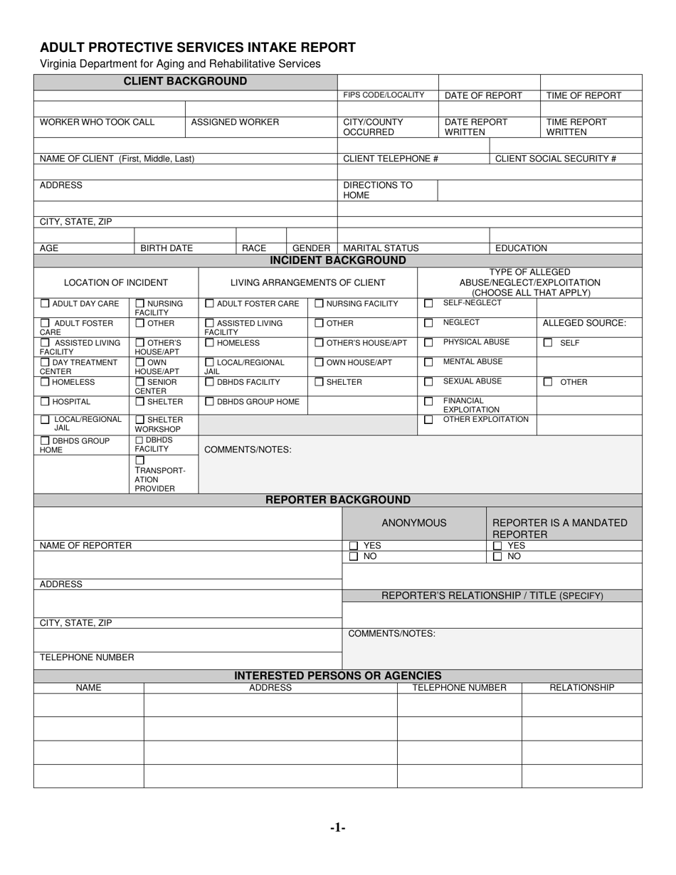 Form 032-02-0130-03-ENG Adult Protective Services Intake Report - Virginia, Page 1