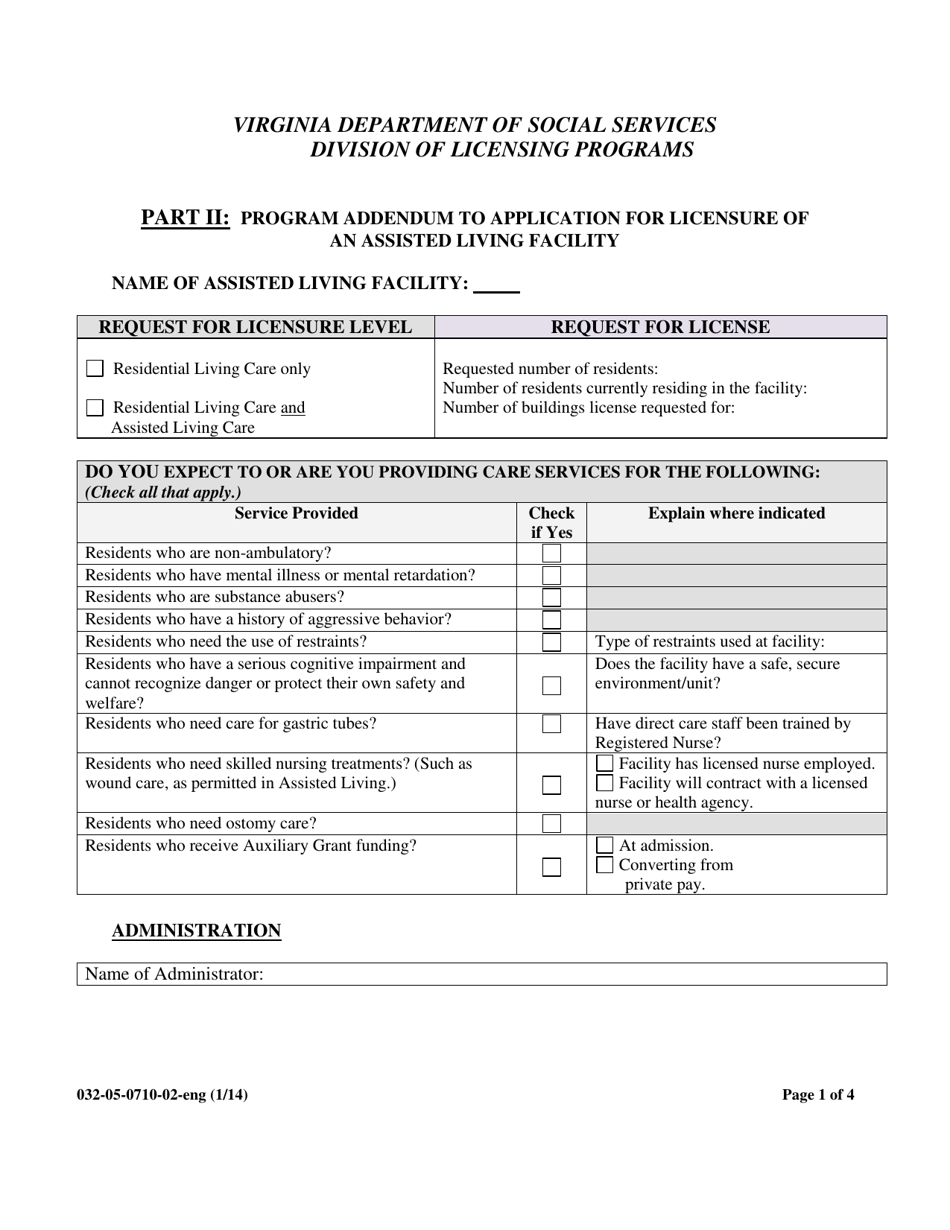 Form 032-05-0710-02-ENG Part II: Program Addendum to Application for Licensure of an Assisted Living Facility - Virginia, Page 1