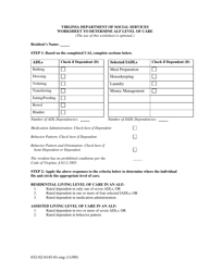 Document preview: Form 032-02-0145-01-ENG Worksheet to Determine Alf Level of Care - Virginia