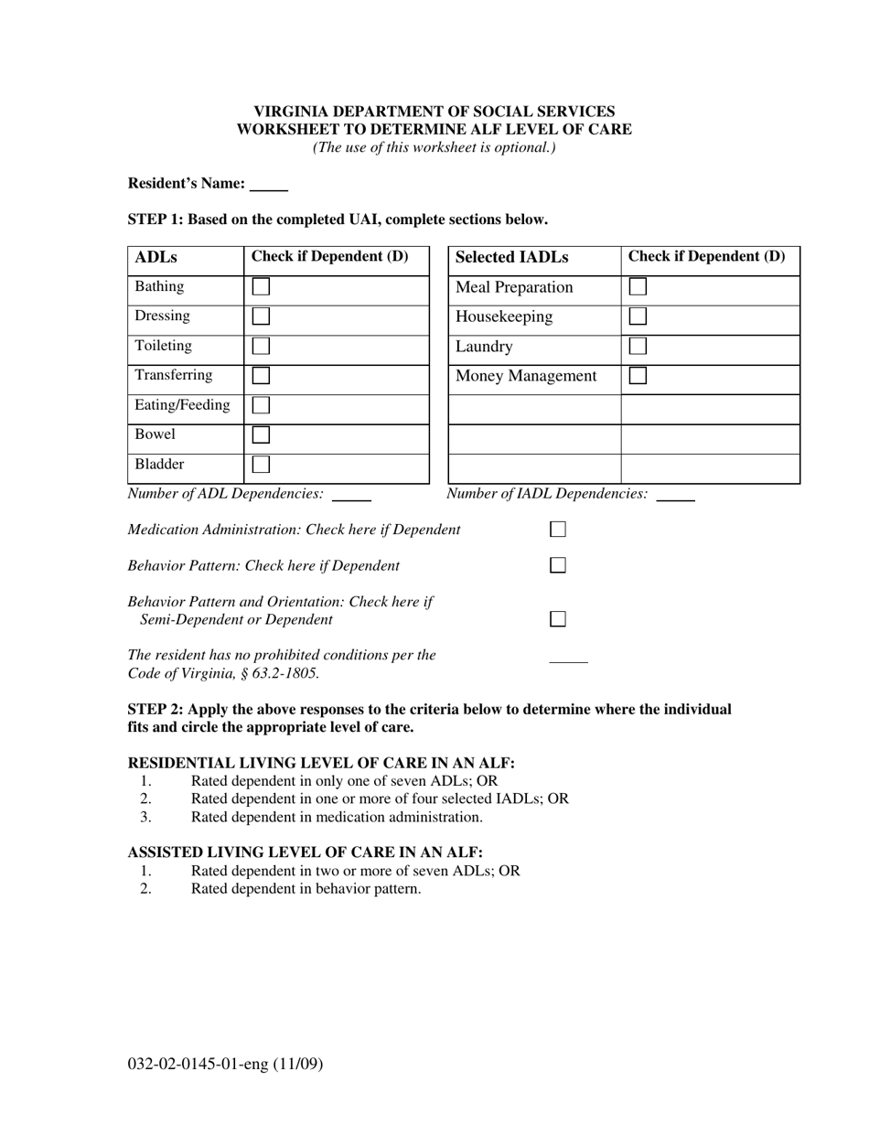 Form 032-02-0145-01-ENG Worksheet to Determine Alf Level of Care - Virginia, Page 1