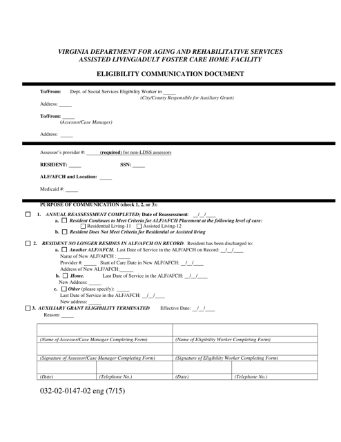 Form 032-02-0147-02-ENG Eligibility Communication Document - Virginia