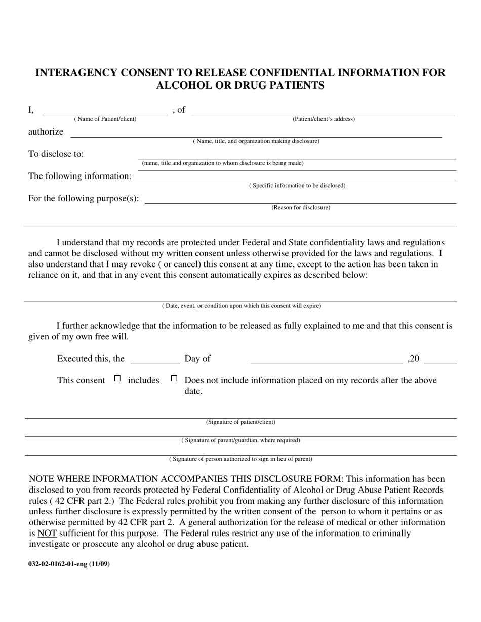Form 032-02-0162-01-ENG Interagency Consent to Release Confidential Information for Alcohol or Drug Patients - Virginia, Page 1