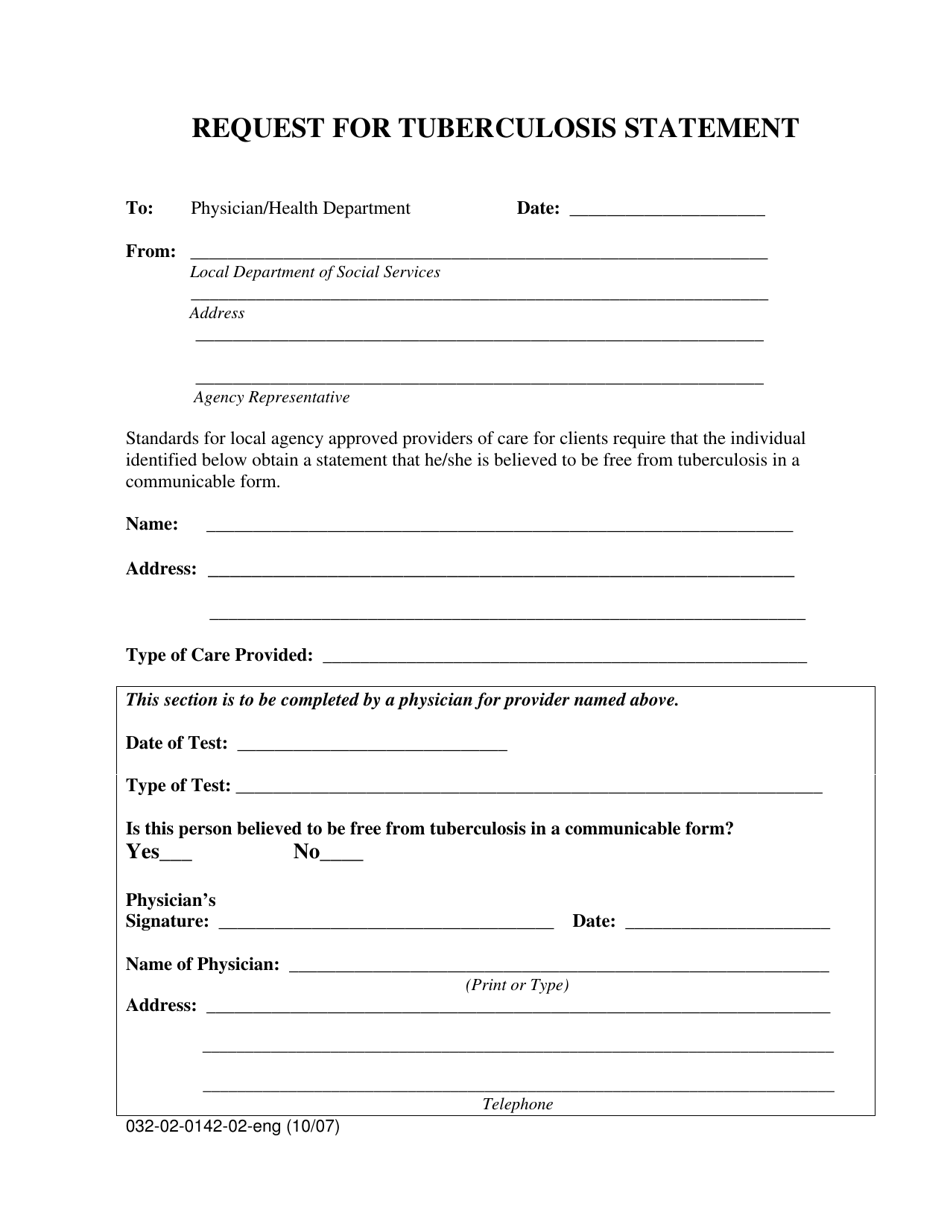 Form 032-02-0142-02-ENG Request for Tuberculosis Statement - Virginia, Page 1
