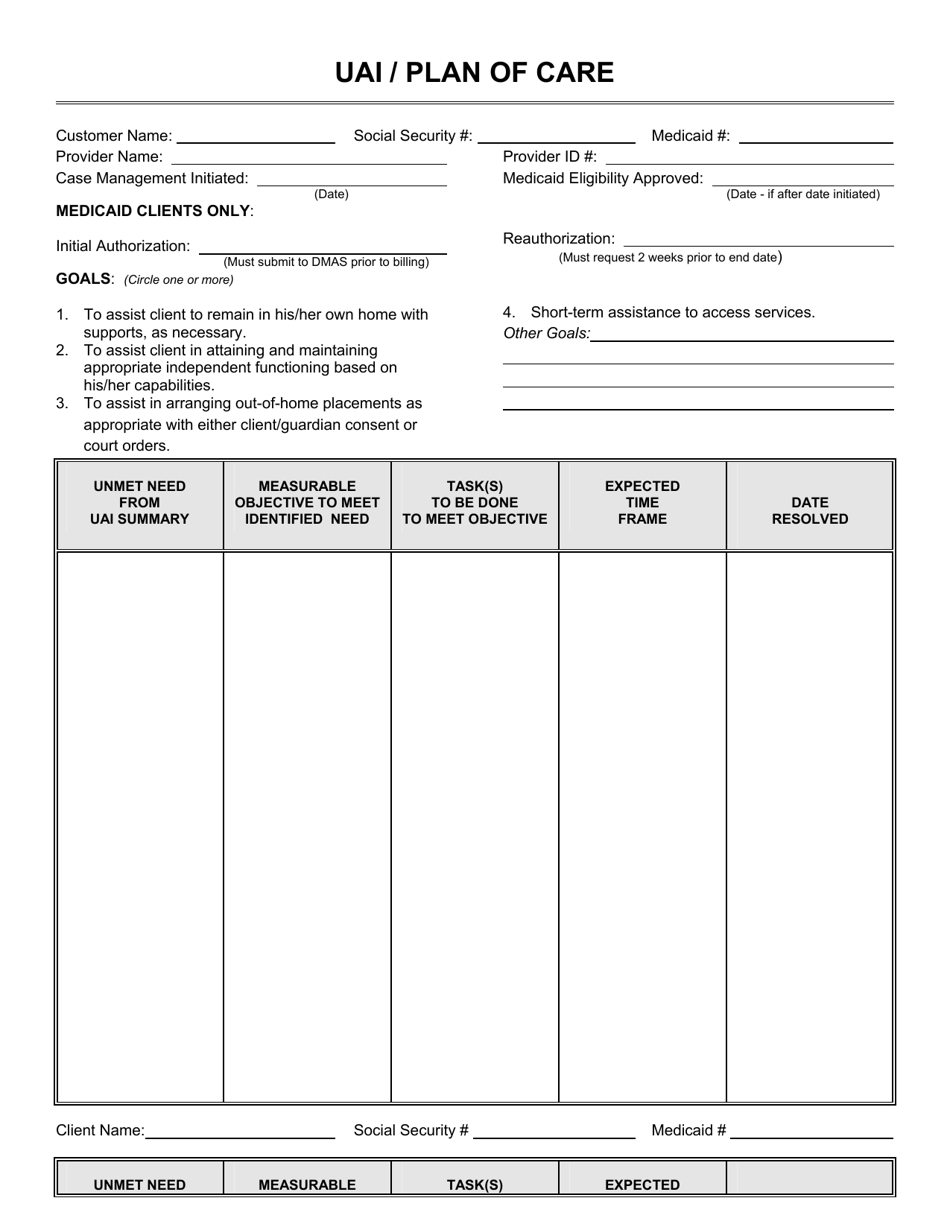 Virginia Uai Plan Of Care - Fill Out, Sign Online And Download Pdf 