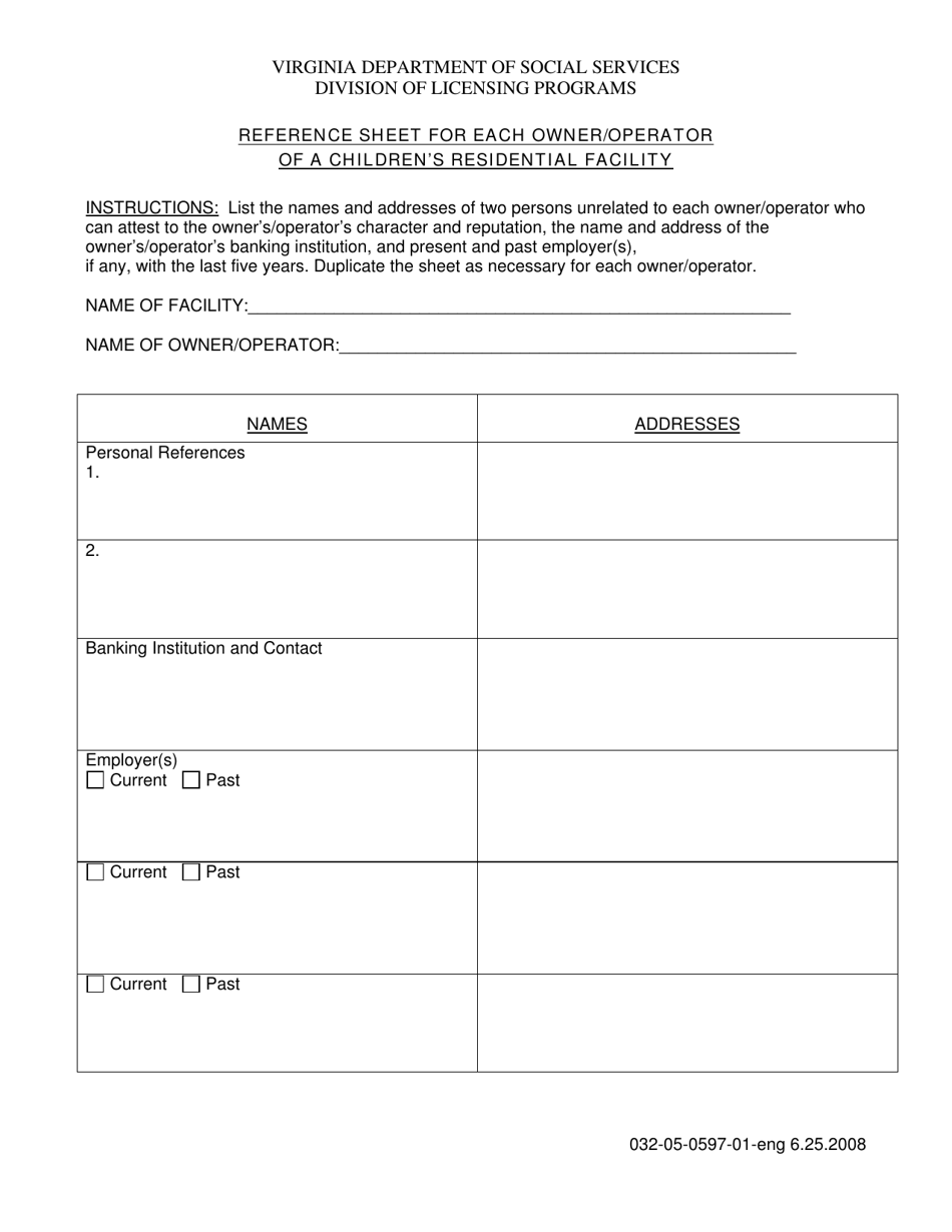 Form 032-05-0597-01-ENG Reference Sheet for Each Owner / Operator of a Childrens Residential Facility - Virginia, Page 1